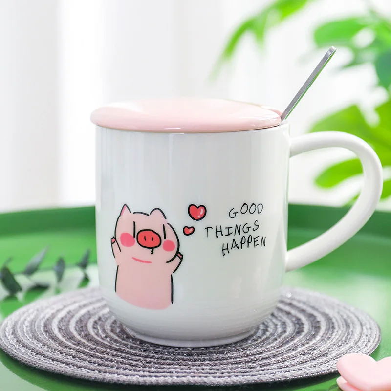 400ml Cute cartoon pink pig ceramic mug with lid spoon,Porcelain Mugs Personality Ceramic Coffee Cup Fun TeaCup Drinkware