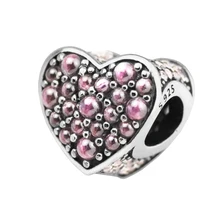 Подходит для Pandora шармы Браслеты розовое Сверкающее сердце бусины стерлингового серебра 925-ювелирные изделия