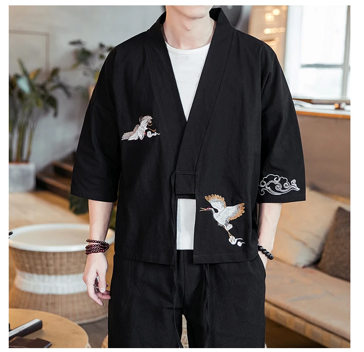 Мужской японский стиль кардиган-кимоно Haori лето три четверти рукав хлопок пальто свободный кран Harajuku вышивка куртка с изображением самурая