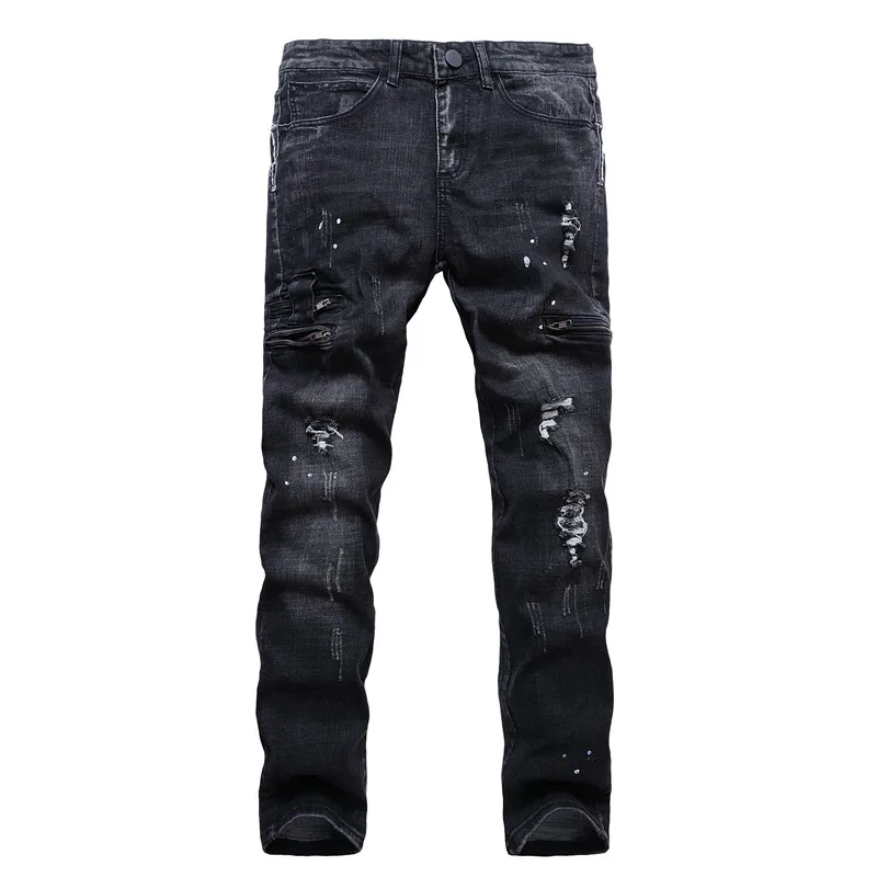 High Street Style Men's Skinny Black Jeans New Fashion Men Elasticity Slim Denim Jeans Men Holes Zipper Jean Pants Size 40