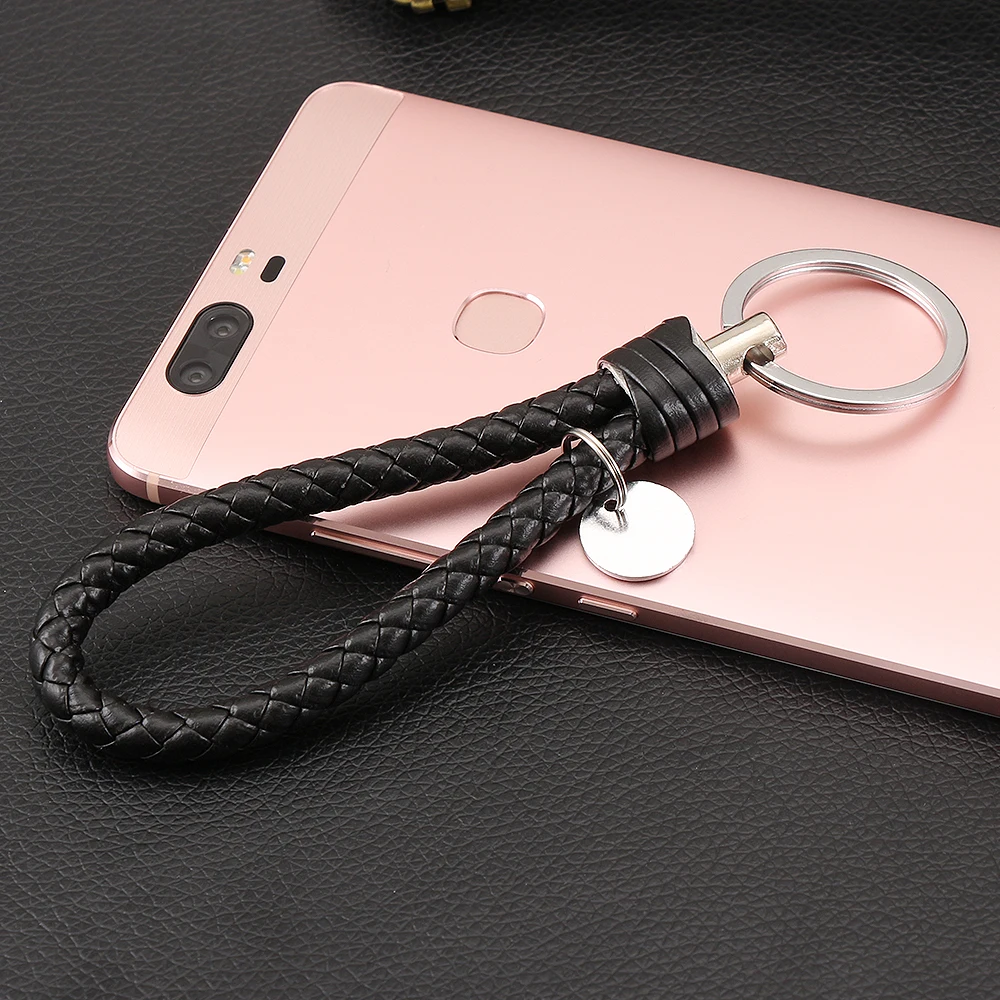 1 Pcs Black Braided PU Leather Strap Keyring Keychain Car