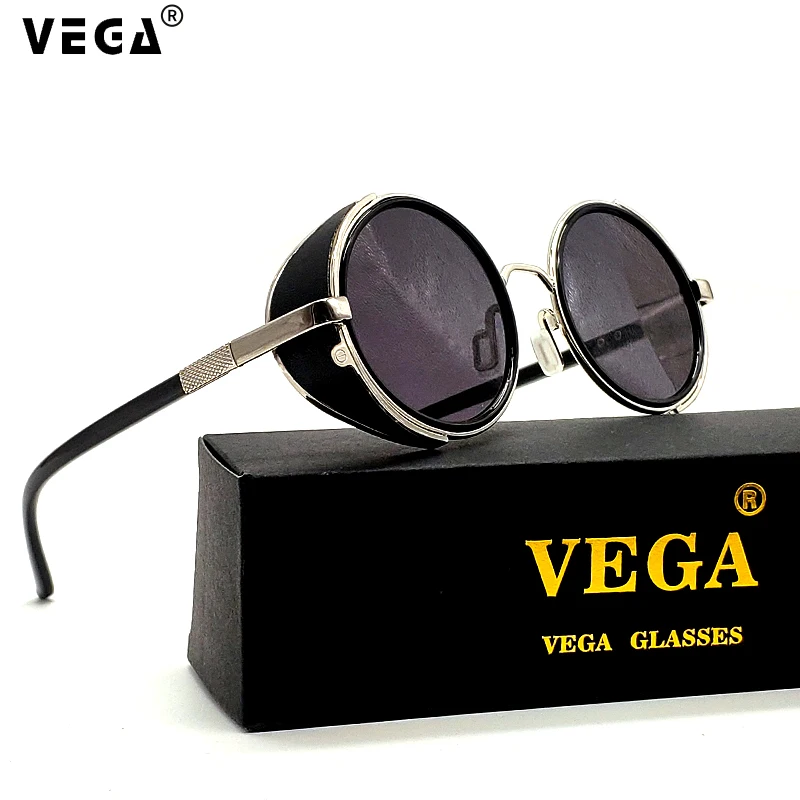 VEGA Кожа стимпанк очки черные круглые Винтажные Солнцезащитные очки мужские женские круглые готические очки UV400 тонированные линзы 2817