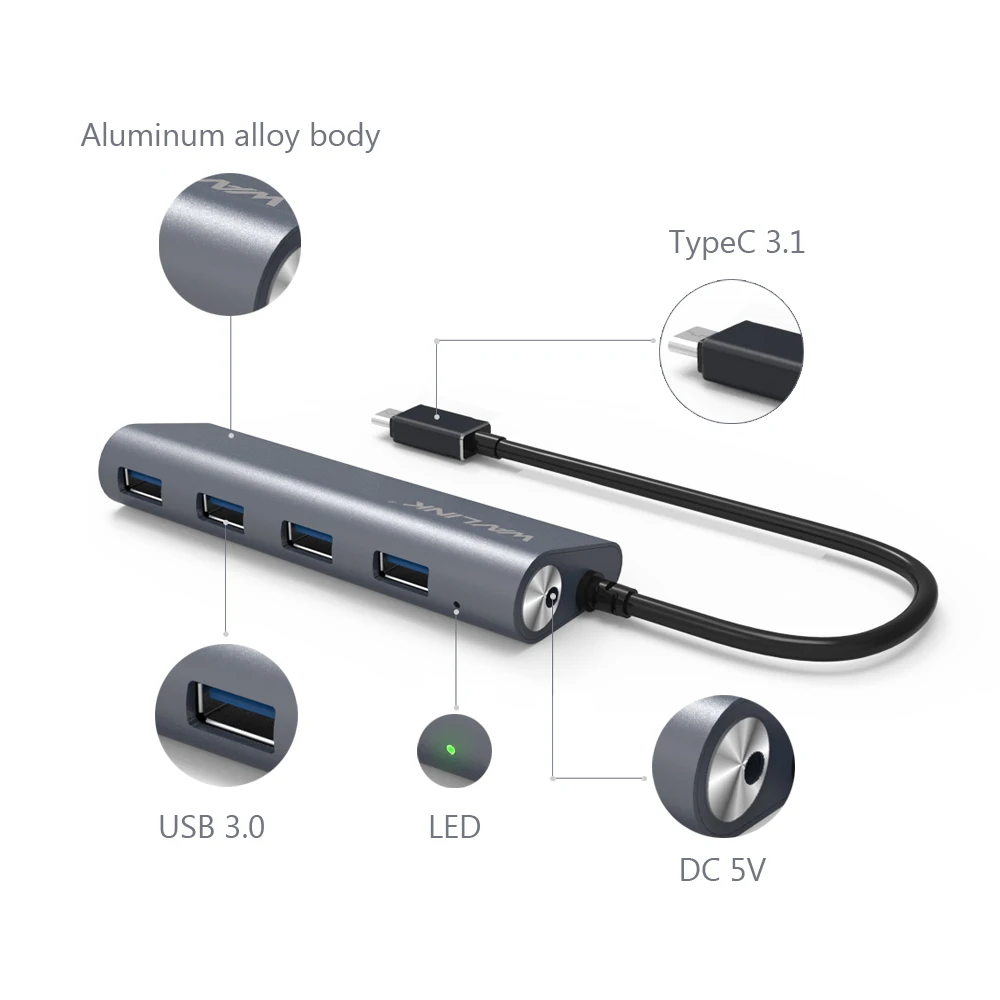 Usb хаб Wavlink 3 1 Type C с 4 портами USB 0 алюминиевым корпусом многофункциональной док