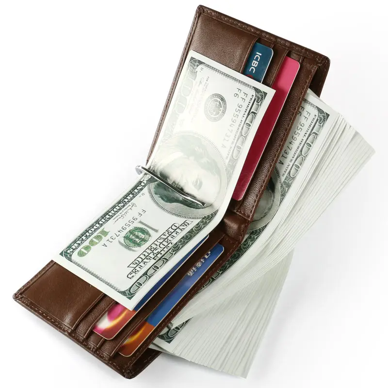 

2017 Hot Sale Fashion New Men Money Clips Brown Genuine Leather 2 folded Open Clamp For Money With Zipper Pocket Free Shipping