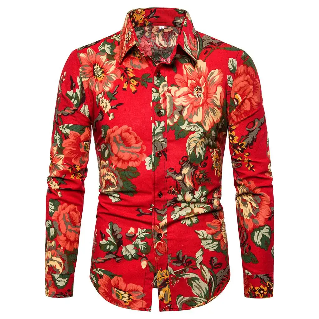 

Long sleeve Blouse Mens clothing Flower Men Shirt Plus size Floral Hawaiian Social Shirt Men Red New