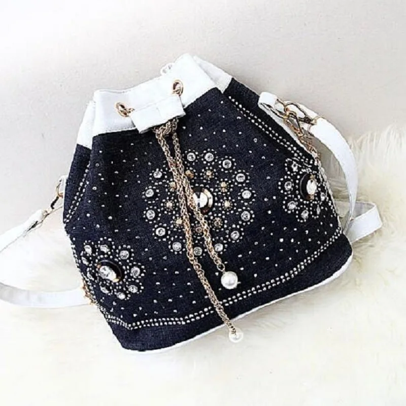 

New bucket bag women diamond rhinestone jeans clutches denim bags women shoulder messenger bags gold chain tote