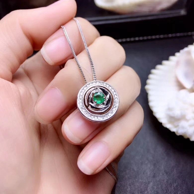 Naturel vert émeraude pendentif colliers naturel pierre gemme pendentif S925 argent mode ronde deux