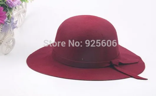 Детская шерстяная фетровая шляпа, зимняя шапка для девочек с великолепным бантом и большими полями, Детские аксессуары, детская повседневная Кепка, 8 цветов - Цвет: wine red