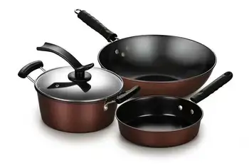 

New Fashion Wine Red 3 Pieces Cookware Set with A Glass Pot Cover Frying Pan Wok Soup Pot Kitchen Tools Set Cooking Pots Set