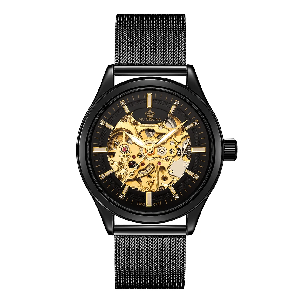 

MG ORKINA Male Wristwatch Skeleton Mechanical Stainless Steel Mesh Band Clock Men Automatic Montre Homme