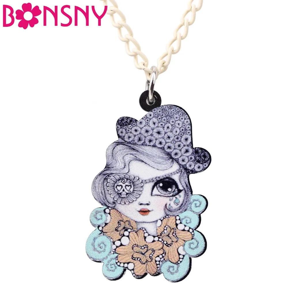 Bonsny Acrylic Halloween Skull Lady Necklace Pendant Chain Collar
