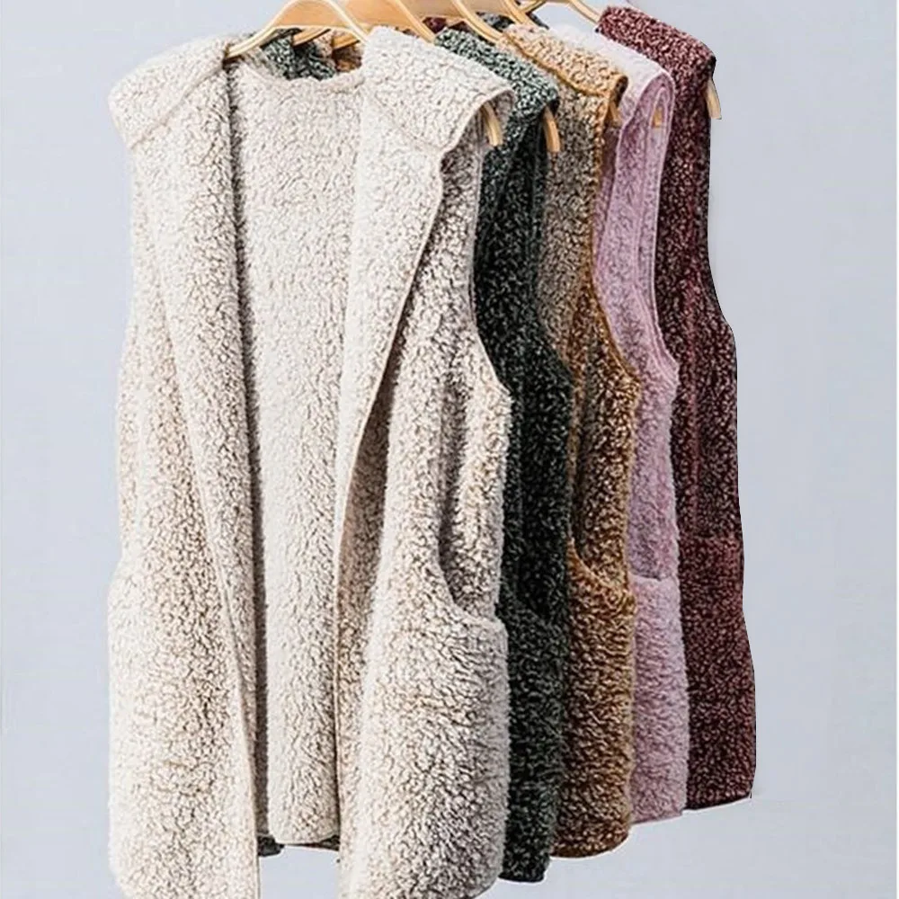 Womens Vest Winter Warm Hoodie Outwear Casual Coat Faux Fur Zip Up Casacas Para Mujer Coletes Feminino Gilets Pour Femmes #