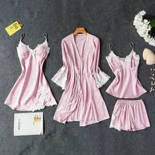 Сексуальная леди четыре Piec пижамы ремень топ брюки пижамы наборы женщина Домашняя одежда спальный костюм кимоно халат Sleep