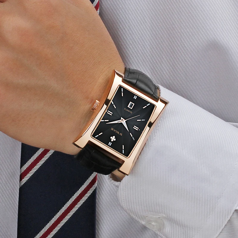 WWOOR, мужские Ультра тонкие квадратные кварцевые часы, ремешок из натуральной кожи, водонепроницаемые мужские часы, деловые часы, мужские часы