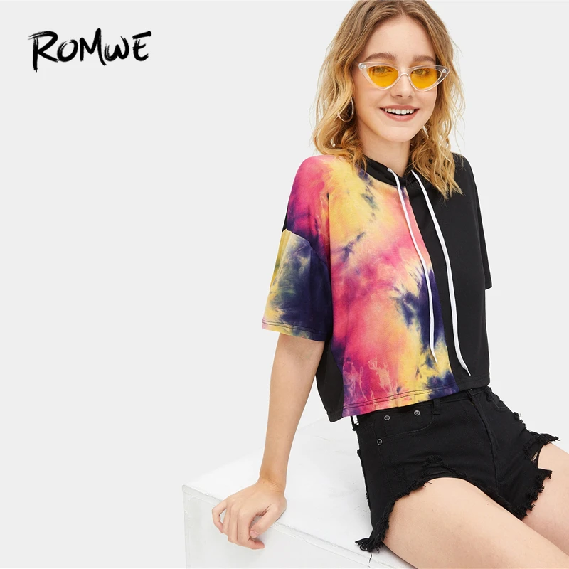 

ROMWE Tie Dye Panel Drawstring Hooded Tee 2019 Fabulous Black Short Sleeve Tops Streetwear Slim Fit Summer Crop T Shirt
