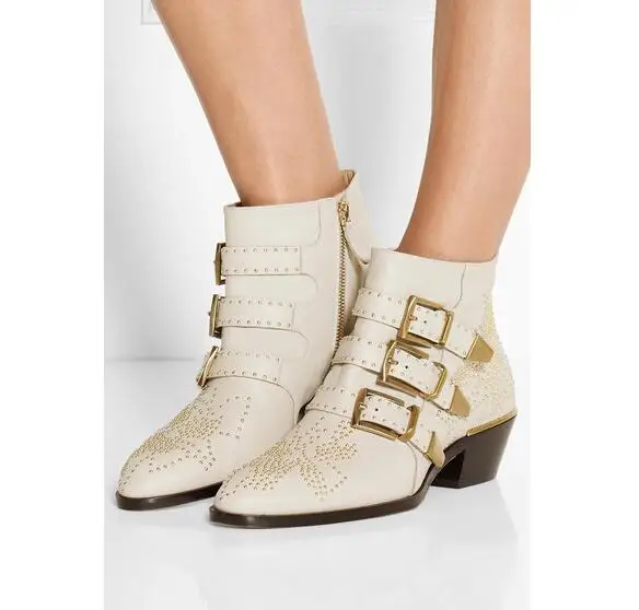 

2017 European new spring pointed toe boots rivets belt buckle suede/leather thick heel shoes short woman boots multicolor boots