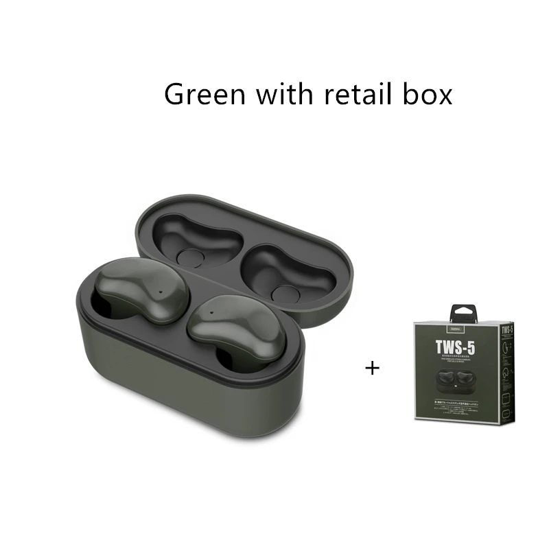 Remax TWS-5, беспроводные Bluetooth наушники, близнецы, наушники с зарядным устройством, Bluetooth 5,0, Smart Touch, стерео - Цвет: Green with box