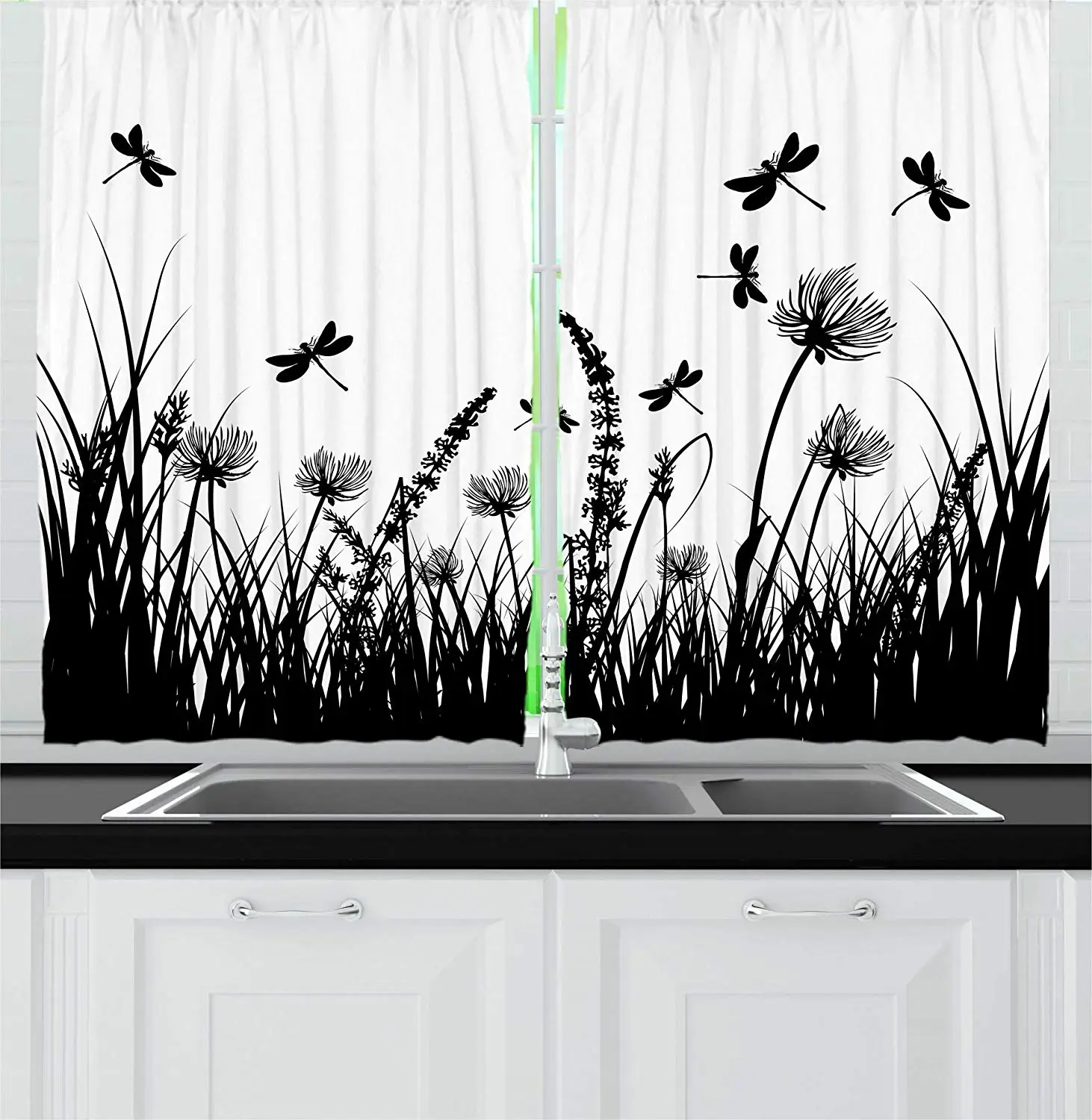

Nature Curtains Grass Bush Meadow Silhouette with Dragonflies Flying Spring Garden Plants Display Window Drapes for Living Room