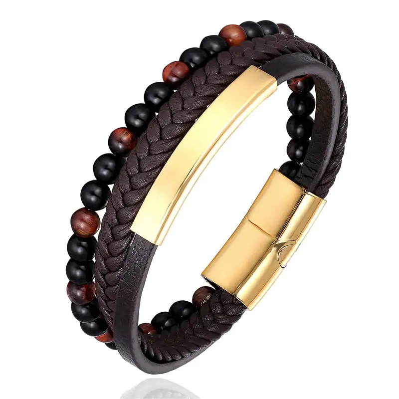 Модный браслет из нержавеющей стали 6 мм с красным тигром ege Stone Beads черный магнит из нержавеющей стали браслет для мужчин браслет на запястье - Окраска металла: 1 Gold coffee