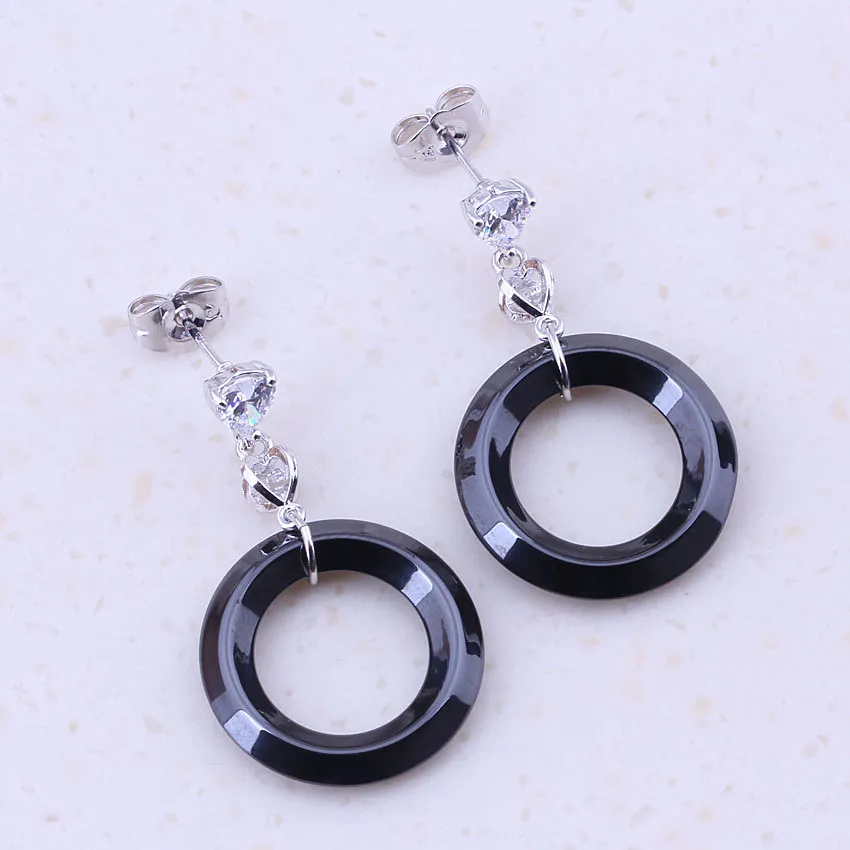 

Fashion Black Ceramic Silver Color Drop Dangle Earrings For Women Christmas Gift Anniversary Present Free Gift Box B0063