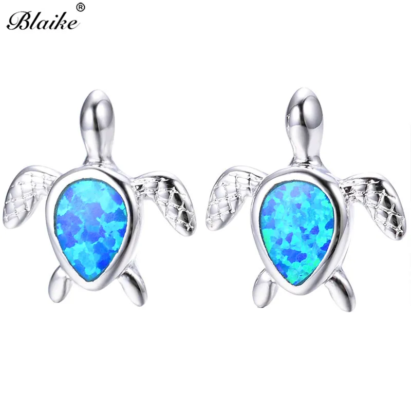 Blaike Синий огненный опал черепаха серьги гвоздики для женщин 925 серебро камень рождения животных ювелирные изделия Модные двойные серьги
