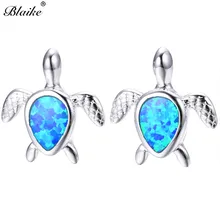Blaike Синий огненный опал черепаха серьги гвоздики для женщин 925 серебро камень рождения животных ювелирные изделия Модные двойные серьги