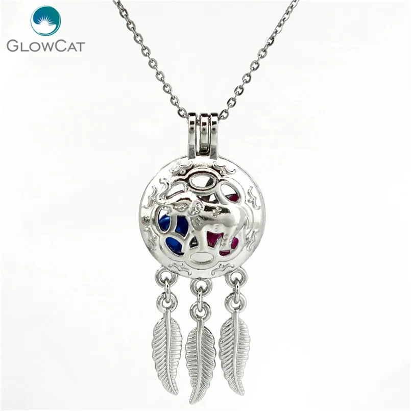 

K705 Silver Alloy Beaty Dream Catcher Elephant leaf Pearl Cage Pendant chain Aroma Essential Oil Diffuser Locket Necklace