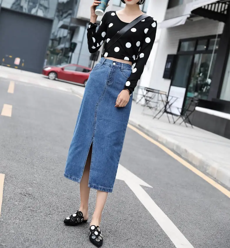 Women Plus Size Front Split Office Lady Straight Denim Skirts 7Xl 8Xl Spring Summer Mid Long Jeans Skirts Mid-Calf Mom Jeans