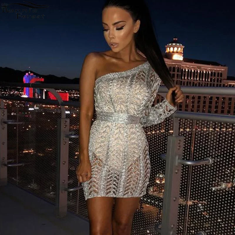

Bonnie Forest New Summer One Shoulder Dress Women Hollow Out Belt Sexy Dress Party Casual Silver Bodycon Dresses Woman Vestidos