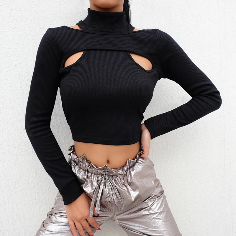 

Iamhotty Full Sleeve Black Women Tshirt Hollow Out Turtleneck Sheath Tee Shirt Off-Shoulder Patchwork Casual Tops