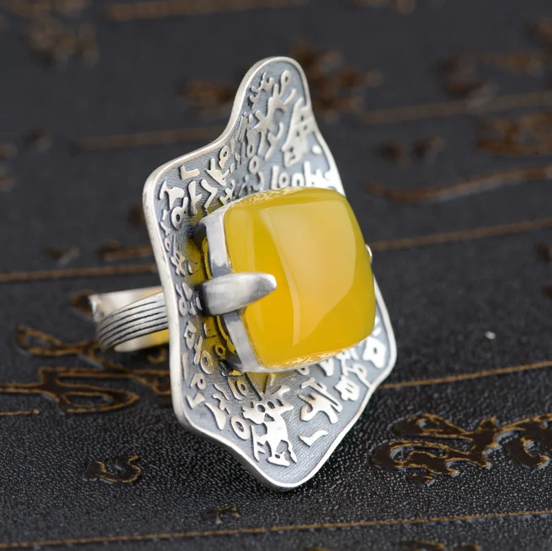 

Emperor Gold Jewelry Line Sterling Silver Inlaid Canary Stone Ring Han Edition Process Open Personality