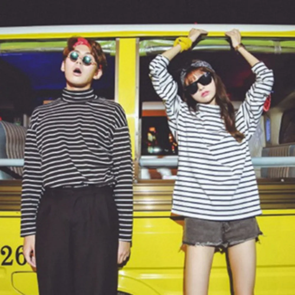 

Tee Shirts Woman Spring New Korean Harajuku Striped Turtleneck T-shirt For Women Long Sleeve T-shirts Casual Tops