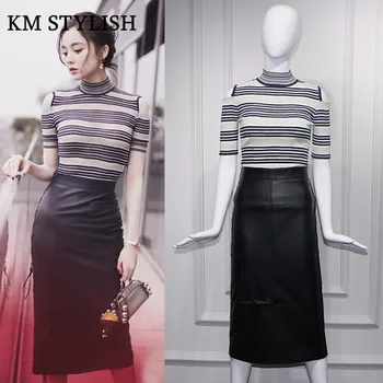 

2018 New High Street Suits Short Sleeve Turtleneck Striped Off Shoulder Knitted Top + Ties PU Leather Long Skirt Sets