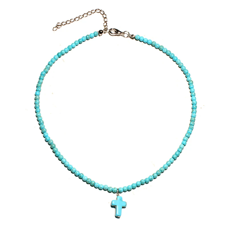 Noter богемное ожерелье 4 мм Бирюзовый камень, ожерелье с подвеской, регулируемое ожерелье с синим белым чокером, ожерелье с крестом для молитва йоги