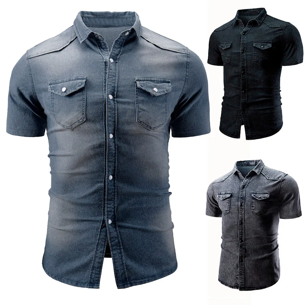 Модная мужская рубашка, повседневная мужская приталенная джинсовая рубашка с пуговицами, мужские топы с коротким рукавом, блуза с карманом