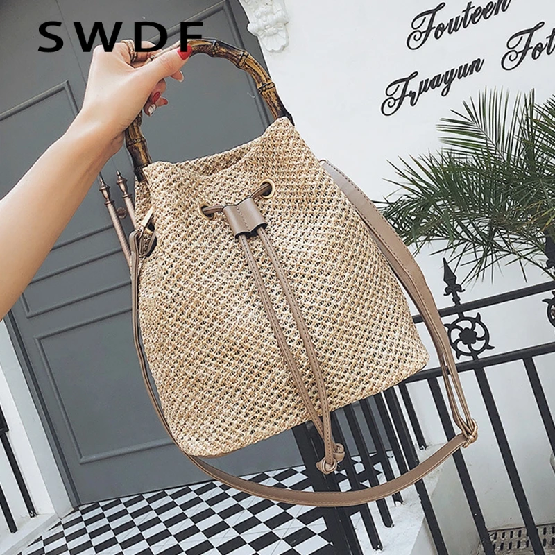 

SWDF Summer Drawstring Women's Straw Bucket Bag Rattan Bag Woven Beach Shoulder Crossbody Bag Ladies Handbag Drop Free Shipping