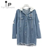 Корейское длинное пальто женская джинсовая куртка Женская ветровка Harajuku женская тонкая весенняя джинсовая куртка с капюшоном Куртка Джинсовая Верхняя одежда для женщин
