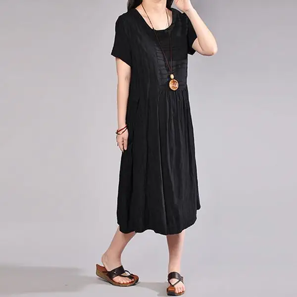 BUYKUD Women Pleated Black Dress Cotton 2018 New Summer Fashion Casual Loose Dresses (1)