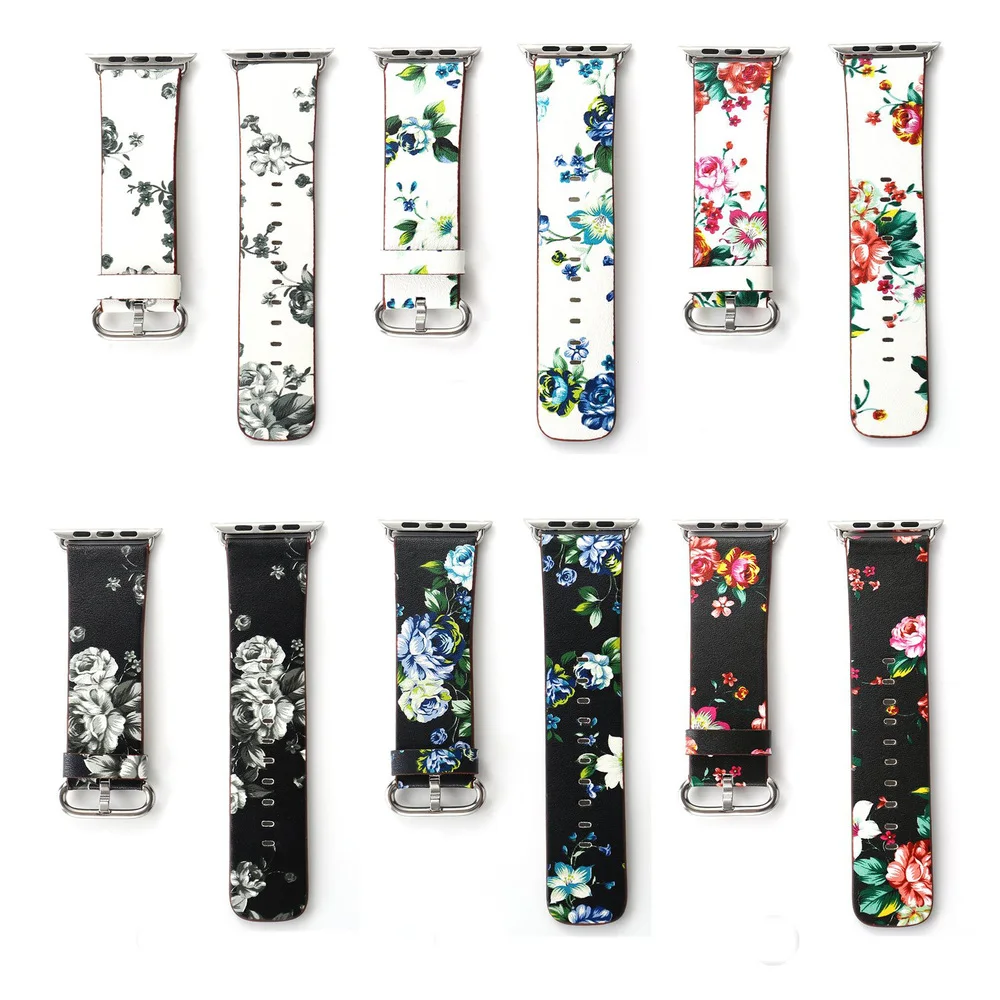 Кожаный сменный ремешок для iWatch Series 5 4 3 2 1 с цветочным дизайном наручный браслет