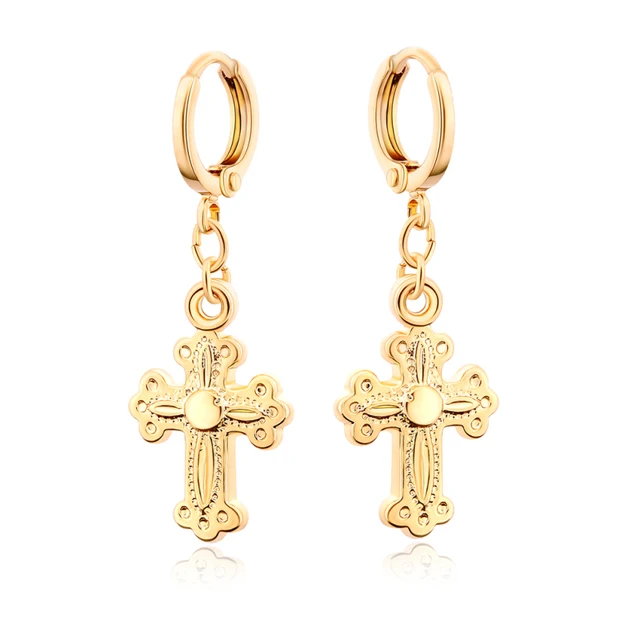 Yellow Gold Color Crucifix Cross Hoop Earrings For Yellow Gold Color Crucifix Cross Hoop Earrings For Women Fashion Party Costume Jewelry Christmas