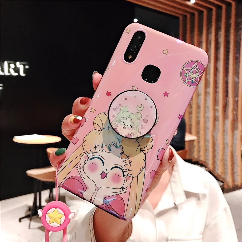 Чехол Sam S10 plus Sailor moon, розовый милый мягкий чехол для телефона samsung Galaxy S9 S8 S7 edge note8 note9+ плечевые ремни