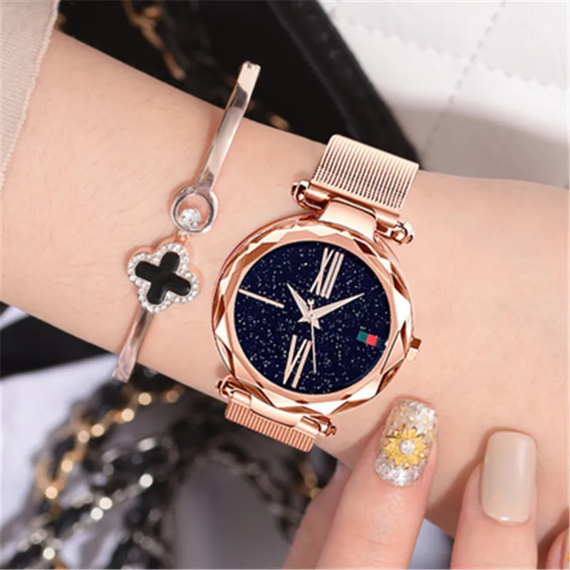 

Women Mesh Magnet Buckle Starry Sky Watch Luxury Fashion Ladies Geometric Surface Roman Numeral Quartz Watch Relogio Feminino