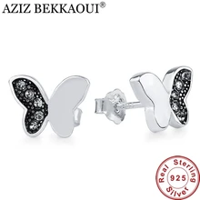 Европейские Оригинальные 925 пробы серебряные серьги-гвоздики для женщин черные CZ серьги в форме бабочки с кристаллами Стерлинговое Серебро-ювелирные изделия
