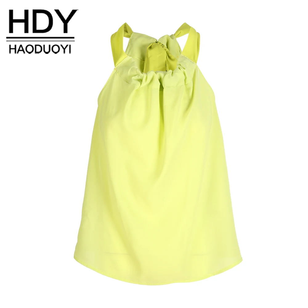 HDY Haoduoyi Fashion Chiffon Shirts Women Sleeveless Cold Shoulder Female Tops Light Yellow/Floral Print Casual Blouses | Женская одежда