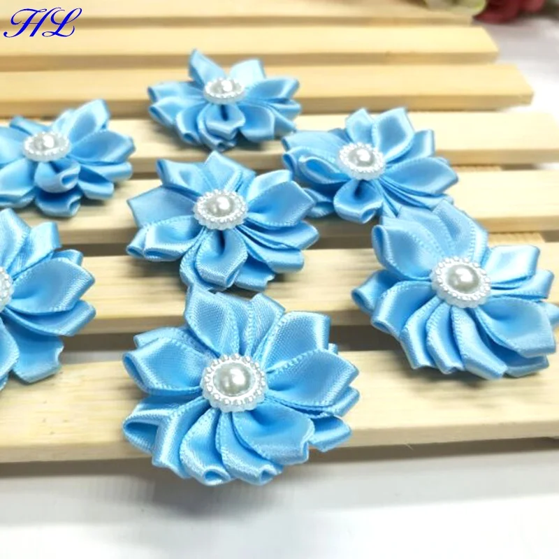 

20pcs 35mm Satin ribbon flowers with pearl handmade flowers sewing appliques apparel accessories A120