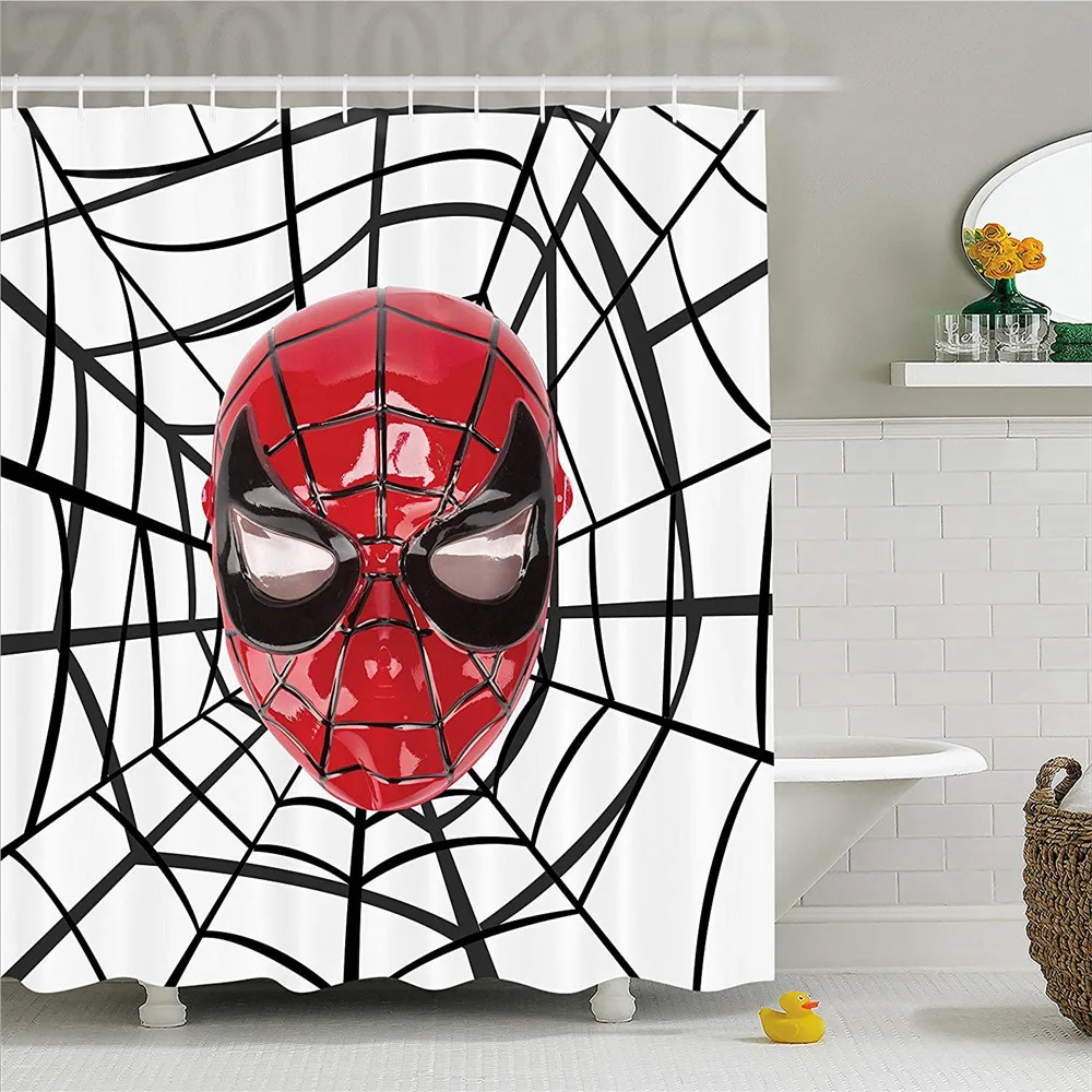 

Superhero Shower Curtain Set, Hero Mask with Spider Eyes and Web Art Print Fun Kids Cartoon Character Image, Fabric Bathroom Dec
