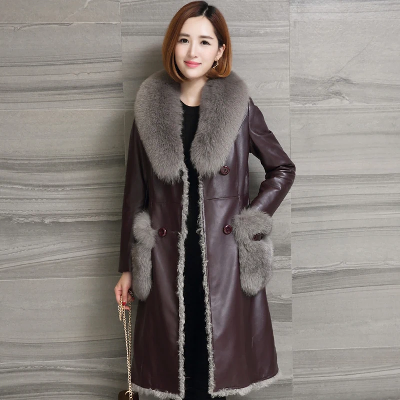 AYUNSUE Long Genuine Leather Jacket Women Autumn Winter