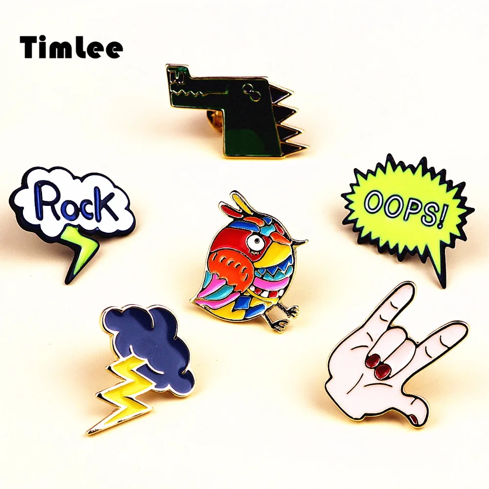 

Timlee X246 Cartoon Rock Hand Enamel Pins Colorful Bird Lightning Cloud Crocodile Animal Metal Brooch Pins Gift Wholesale