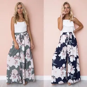

Fashion Women Floral Print Pants High Waist Lace up Wide Leg Long Pants Casual Ladies Long Loose Trousers
