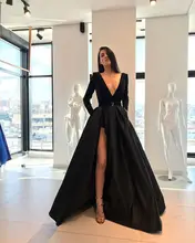 Black Muslim Evening Dresses 2019 A-line V-neck Long Sleeves Slit Sexy Islamic Dubai Saudi Arabic Long Evening Gown Prom Dress